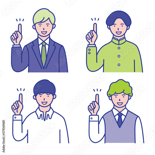 指差しポーズの男子学生の上半身イラスト素材【セット】