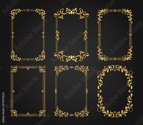 Luxury decorative golden frames. Retro ornamental frame, vintage rectangle ornaments & ornate border. Decorative wedding frames, antique museum image borders. Isolated vector icons set