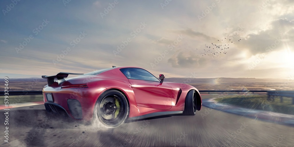 Generic Red Sports Car Drifting Around Racetrack Corner At Speed