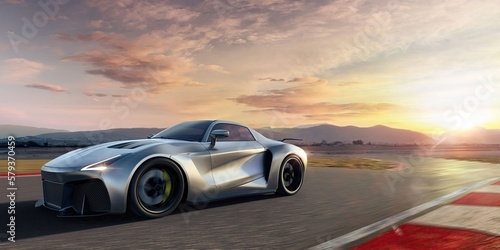 Silver Roadster Sports Car Moving At High Speed Along Racetrack At Dawn © OneTwo