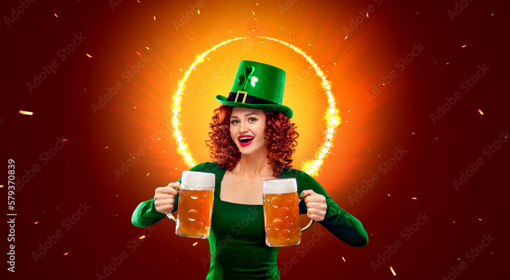 St Patrick Day. Download a photo in high resolution for advertising a beer party in a bar, night club, cafe or restaurant. Sexy oktoberfest woman with beer on red background with copy space. - obrazy, fototapety, plakaty 