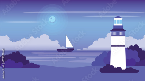 vector with night seascape and a lighthouse on the shore in purple colors. sailboat sailing on the horizon