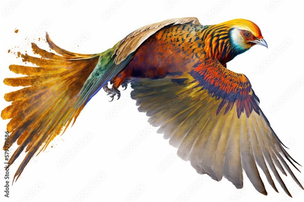 Golden Pheasant Watercolor Flying Pheasant. Isolate on white background.