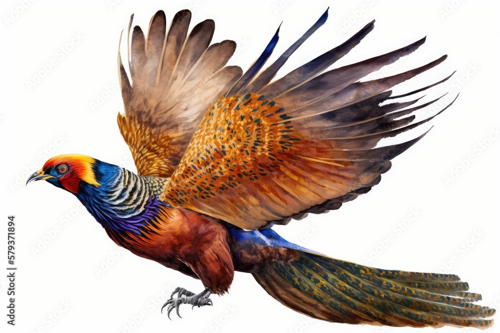 Obraz premium Golden Pheasant Watercolor Flying Pheasant. Isolate on white background.