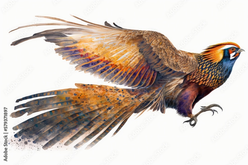Fototapeta premium Golden Pheasant Watercolor Flying Pheasant. Isolate on white background.