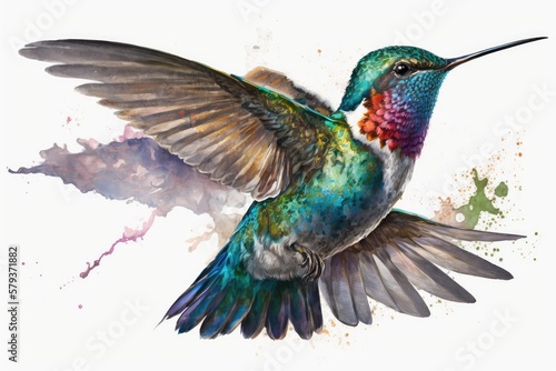 Flying Hummingbird watercolor Isolate on white background.