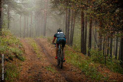 Fototapete back athlete cyclist riding mountain bike on forest trail