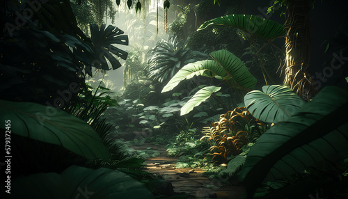 Jungle forest view, tropical trees, generative AI.