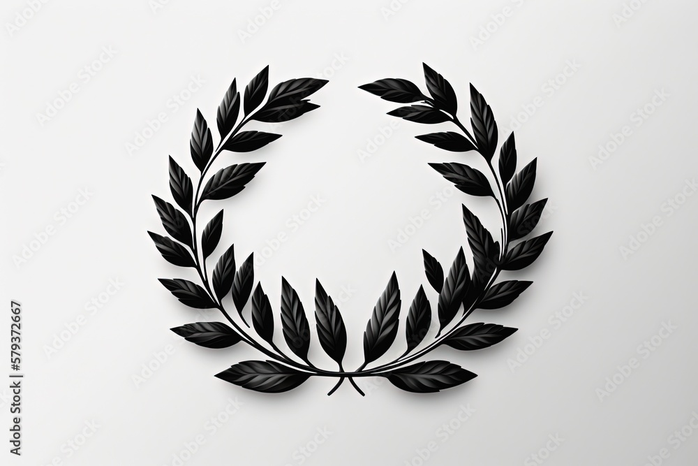 Black laurel wreath illustration, white background. Generative AI
