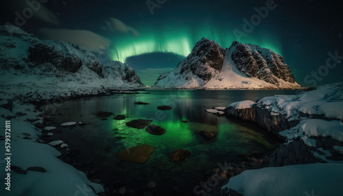 Paysage nordique en hiver et de nuit avec aurore bor  ale  reflet des montagnes et du ciel dans l eau du lac  de la mer