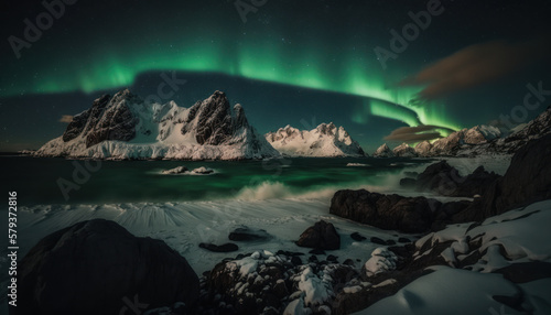 Paysage nordique en hiver et de nuit avec aurore boréale, reflet des montagnes et du ciel dans l'eau du lac, de la mer © Sébastien Jouve