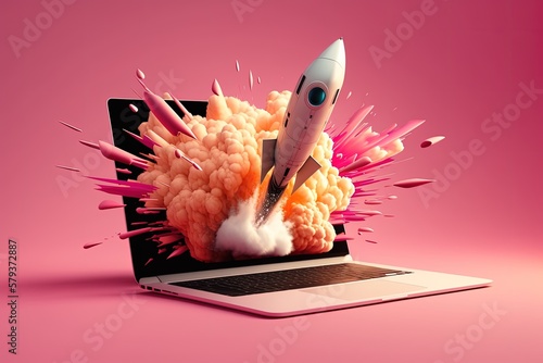 Laptop and rocket illustration, pink background. Generative AI photo