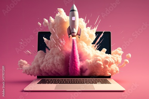 Laptop and rocket illustration, pink background. Generative AI