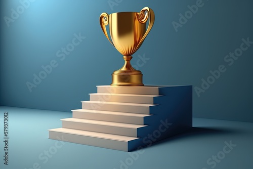 Illustration of ladder with golden trophy, business concept, blue background. Generative AI