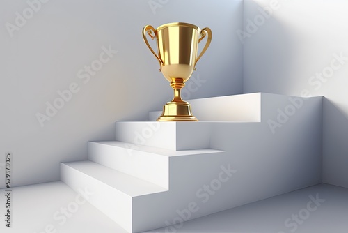 Illustration of ladder with golden trophy, business concept, white background. Generative AI