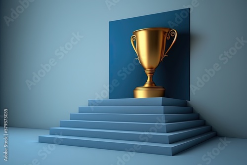 Illustration of ladder with golden trophy, business concept, blue background. Generative AI