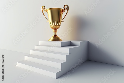 Illustration of ladder with golden trophy, business concept, white background. Generative AI