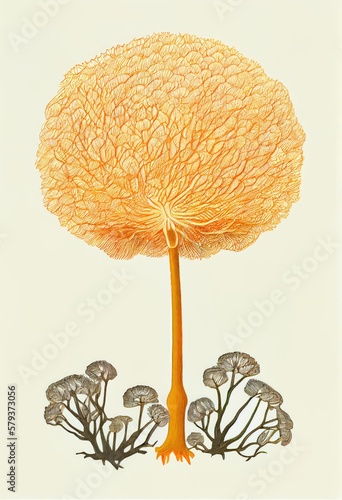Hericium Erinaceus Botanical Illustration, Fantasy Non-Existent Mushroom, Bearded Tooth Fungus Drawing Imitation, Abstract Generative AI Illustration photo