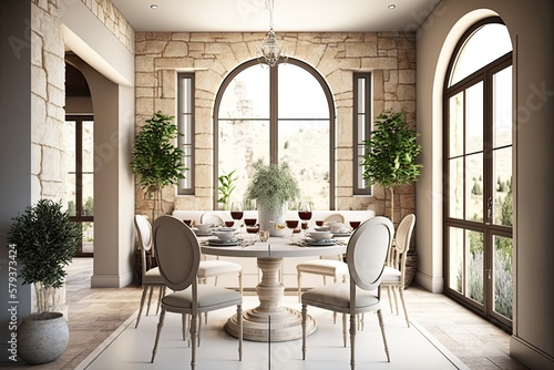 Elegant dining in a spacious room bathed in natural light and with a breathtaking view of the outdoors. The stone floor  plants  and large classic window are all very traditional touches. Beige and wh