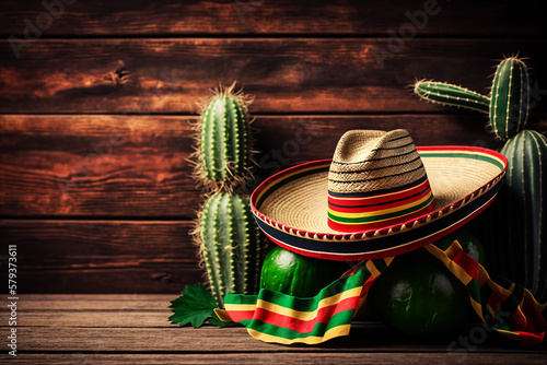 Cinco de Mayo holiday background with Mexican cactus and party sombrero hat on wooden table. Generative AI