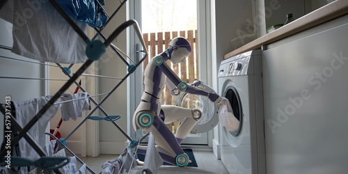A generic blue and white domestic robot kneeling down and pulling clothing from a washing machine in a domestic utility room with washing hanging up on a drying rack in the foreground.
 photo