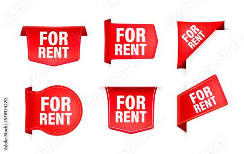 Red ribbon with text for rent. Banner ribbon label for rent