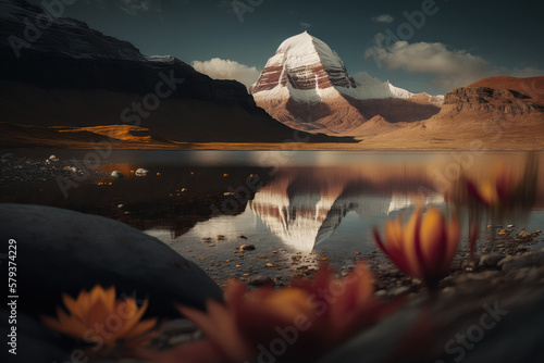A beautiful view of a mountain with a lakei in the foregorund
