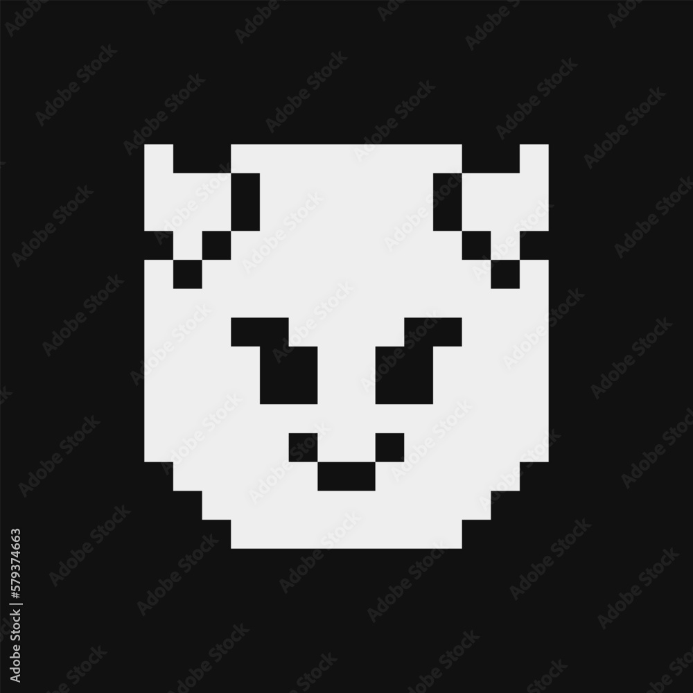 Smiling face with horns. Cartoon character. Pixel art style. 1-bit style icon. Isolated abstract vector illustration. Smiling face with horns. Cartoon character. Pixel art style. 1-bit style icon. Isolated abstract vector illustration.