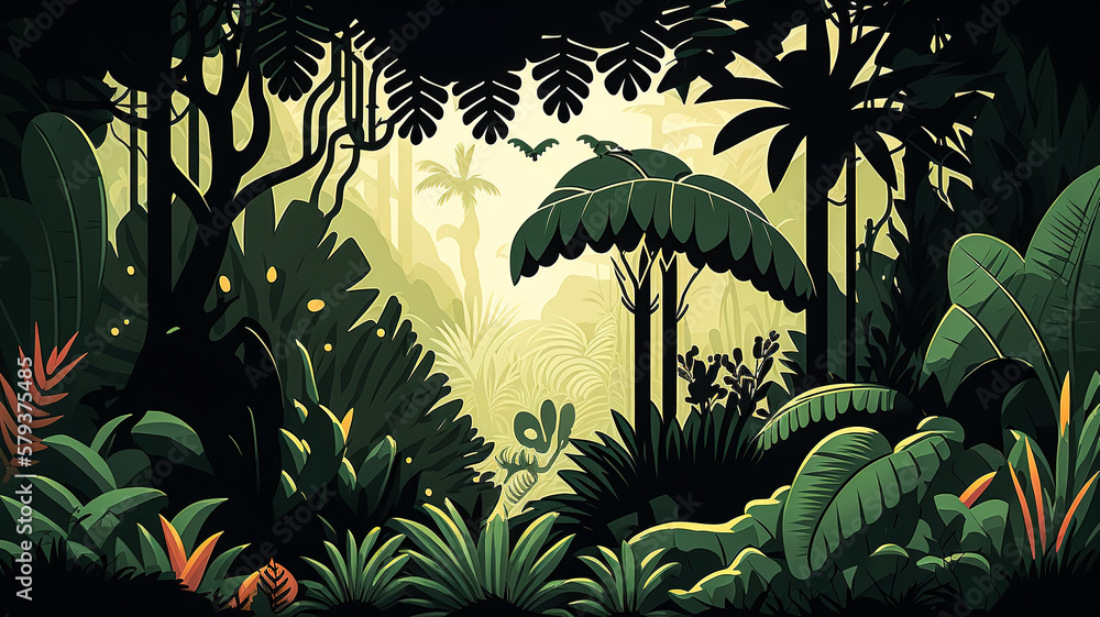 Fototapeta premium Jungle forest view, tropical trees, generative AI.