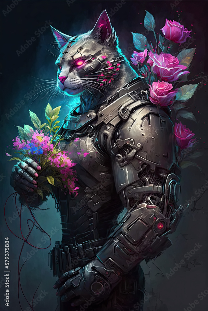 cyborg robot cat with a bouquet of flowers. Concept of cyberpunk of future. Generative AI illustration cyborg robot cat with a bouquet of flowers. Concept of cyberpunk of future. Generative AI illustration