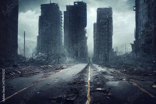 Hyperrealistic Depiction of a Post-Apocalyptic Cityscape, Where Nature Reclaims Fototapet