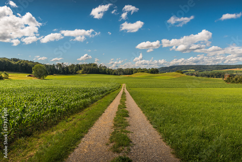 Rural landscape in summer with dirt road and fields, blue sky with white clouds, Canton Thurgau, Switzerland