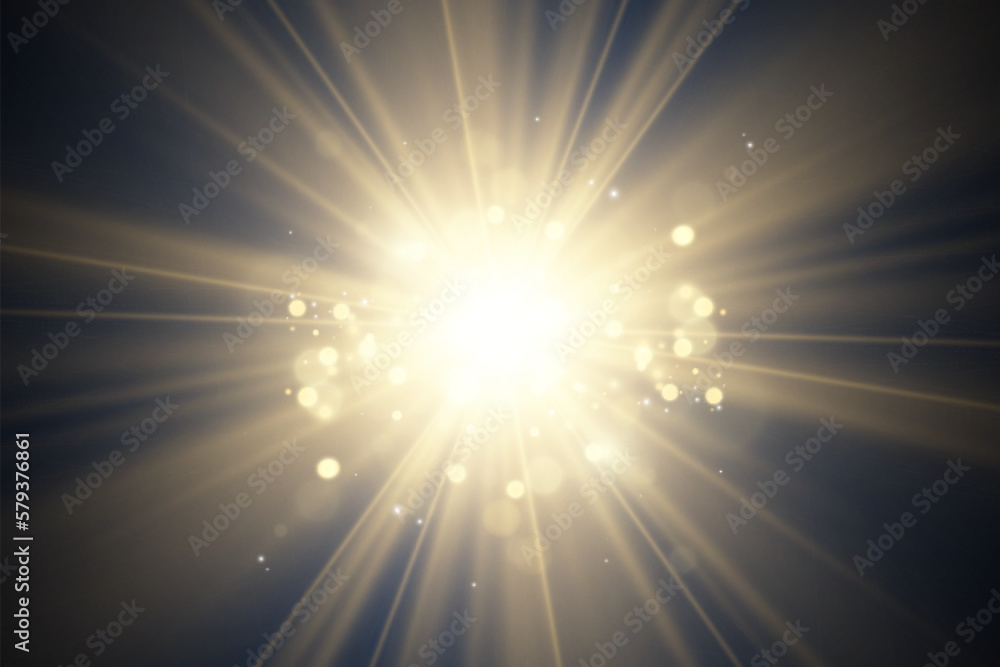 	
Special lens flash, light effect. The flash flashes rays and searchlight. illust.White glowing light. Beautiful star Light from the rays. The sun is backlit. Bright beautiful star. Sunlight. Glare.	