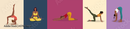 5 black girls in different poses set doing sport pilates exercise in yellow blue pink red green clothes on pink blue purple beige background for apps banners cards
