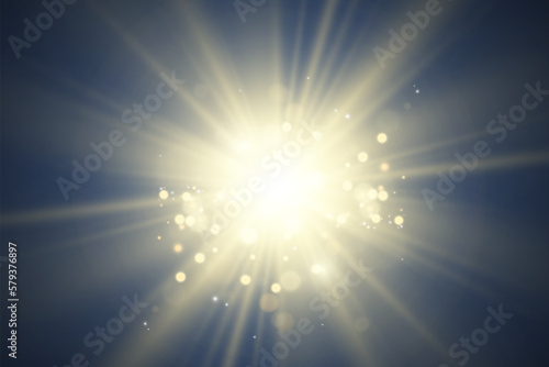  Special lens flash, light effect. The flash flashes rays and searchlight. illust.White glowing light. Beautiful star Light from the rays. The sun is backlit. Bright beautiful star. Sunlight. Glare. 