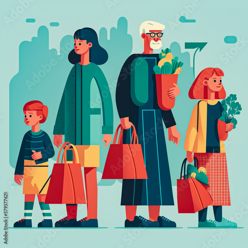 Illustration of a family using reusable bags while grocery shopping. with the family carrying their own bags and avoiding the use of plastic bags. Generative AI.