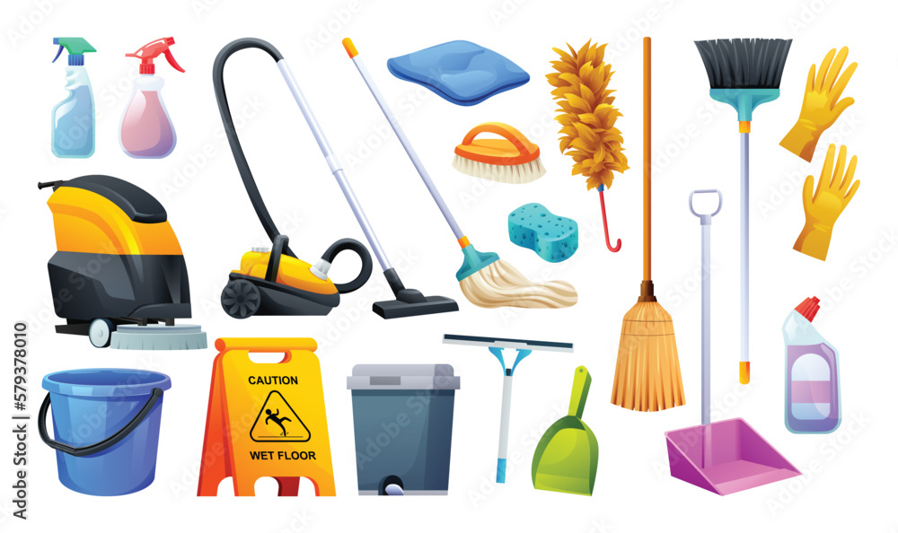 Set of cleaning equipment. House cleaning service tools vector illustration  Stock Vector