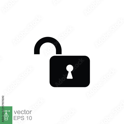 Unlocked lock icon. Simple solid style. Padlock with keyhole, open key, security concept. Black silhouette, glyph vector illustration design on white background. EPS 10.