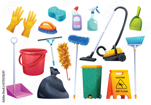 Set of cleaning equipment. Household cleaning service tools vector illustration