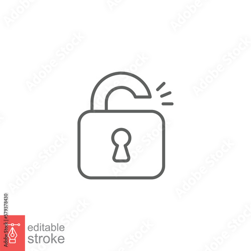 Unlocked lock icon. Simple outline style. Padlock with keyhole, open key, security concept. Thin line vector illustration design on white background. Editable stroke EPS 10.