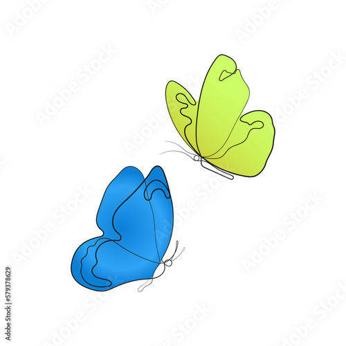 Butterfly in one continuous line drawing. Yellow and blue butterflies as symbol of freedom and piece. Hand drawn minimalism vector illustration.