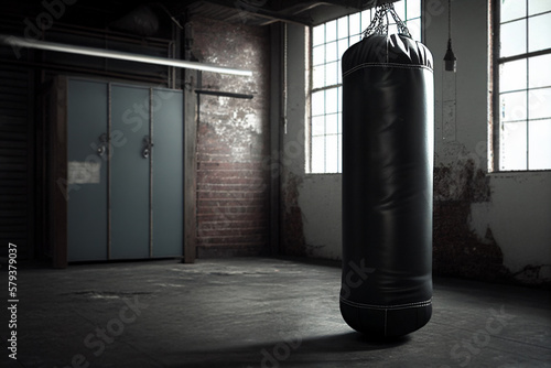 Boxing bag in and old sport or boxing gym. Generative AI illustration © 4kate