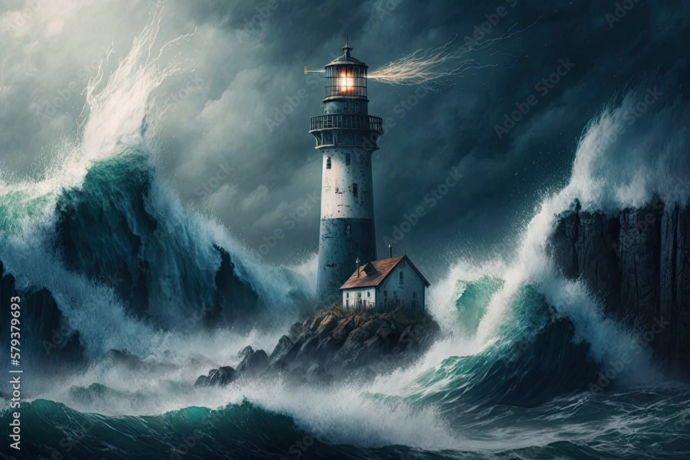 Thunder, lightning, and high waves surround a lighthouse in this stormy scene. Oceanic digital painting and panorama of epic proportions. Generative AI