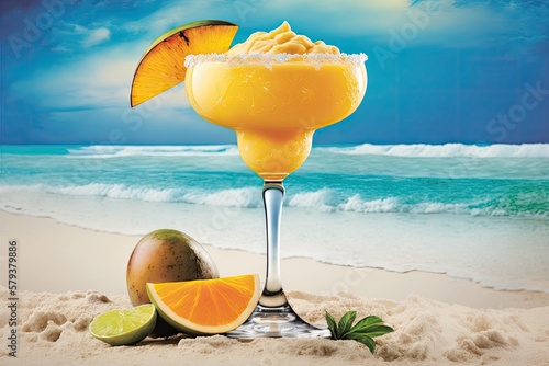 A margarita made with freshly blended mango, ideally enjoyed on a beach in the tropics. Generative AI