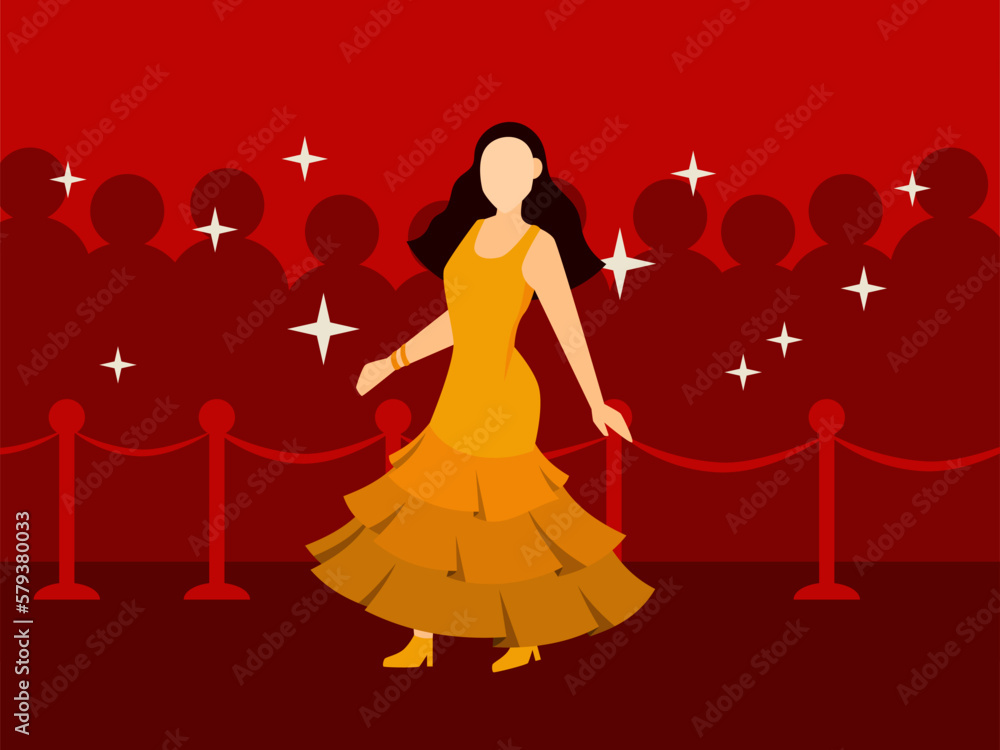 long-haired girl in beautiful yellow or golden ruffle dress walking and posing on red carpet with paparazzi in the back. faceless woman, elegant, and fancy. long-haired girl in beautiful yellow or golden ruffle dress walking and posing on red carpet with paparazzi in the back. faceless woman, elegant, and fancy.