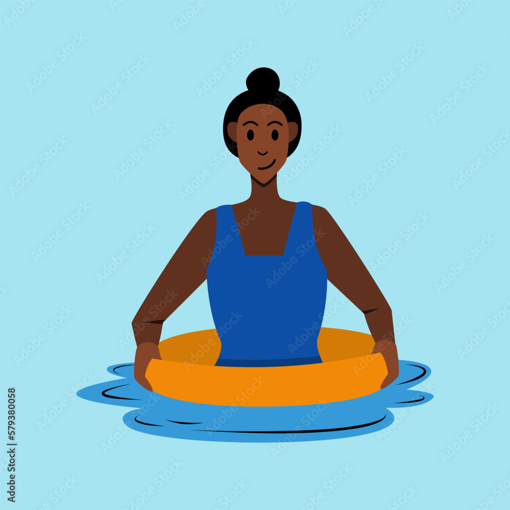 girl swimming with floaters in swimming pool. summer theme cartoon vector illustration. Half body person. happy, smiling, and enjoying.