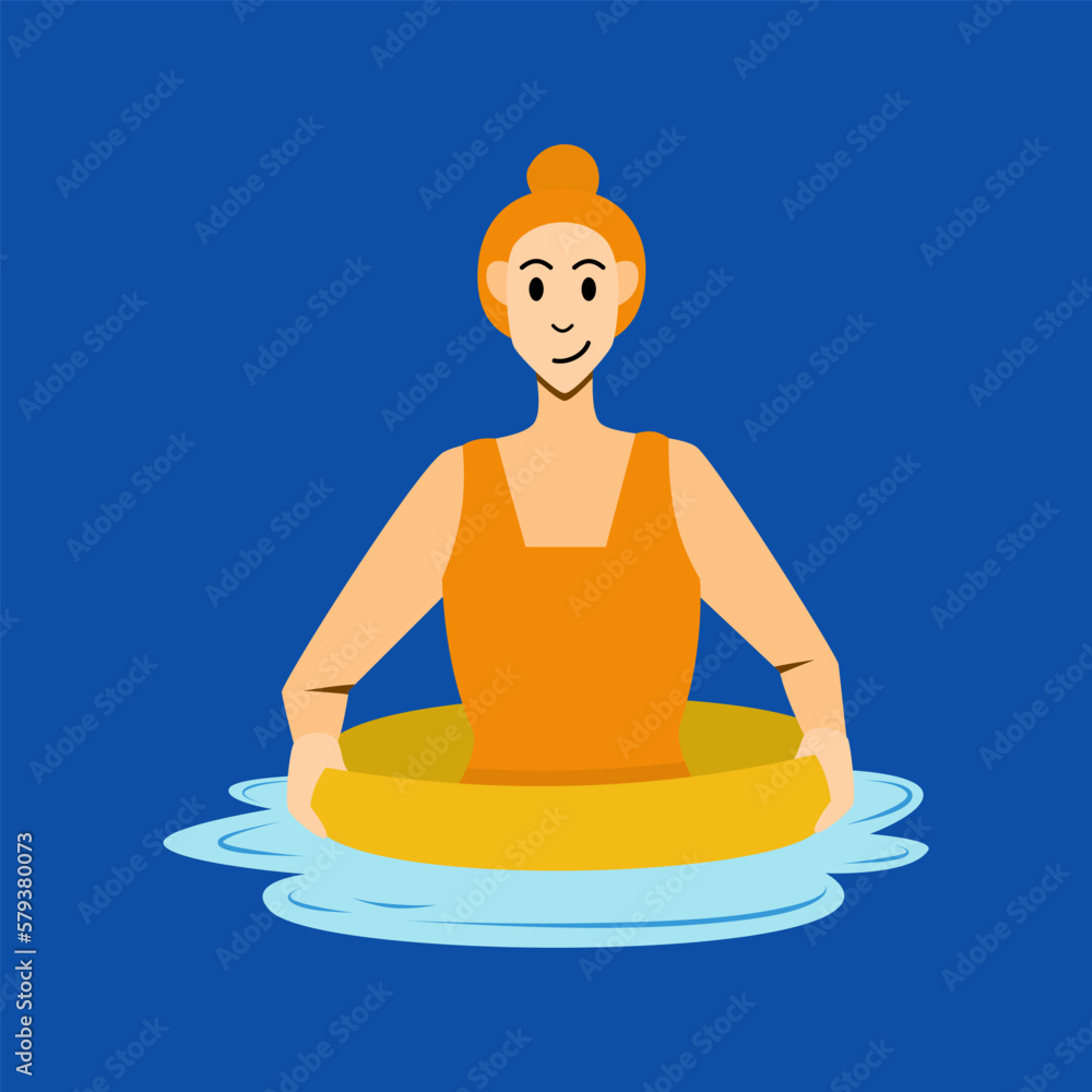 girl with bun hair swimming with floaters in swimming pool. summer theme cartoon vector illustration for website and poster. Half body person.