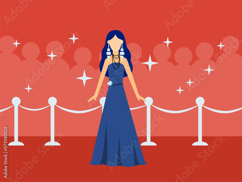movie star with long sleeveless blue dress posing in front of paparazzi on red carpet. movie premiere vector illustration for website, poster, and banner