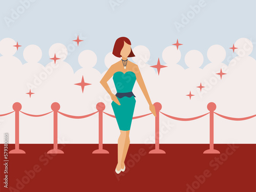 faceless girl as superstar posing on red carpet in front of reporter. luxurious award show vector illustration for website and social media.