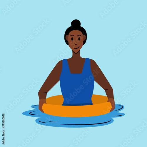 girl swimming with floaters in swimming pool. summer theme cartoon vector illustration. Half body person. happy  smiling  and enjoying.